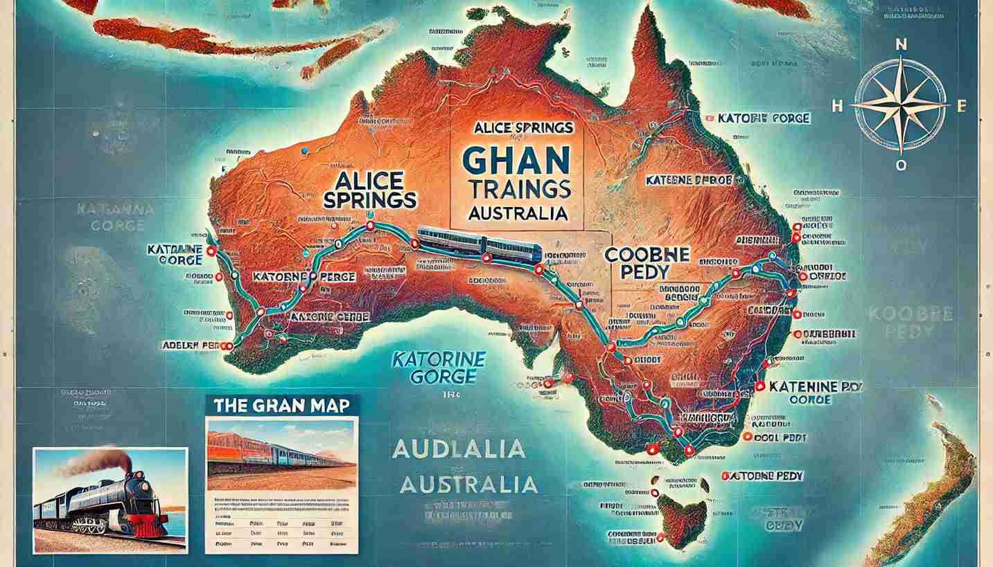 Map showing the Ghan Train route from Alice Springs to Adelaide with key stopovers