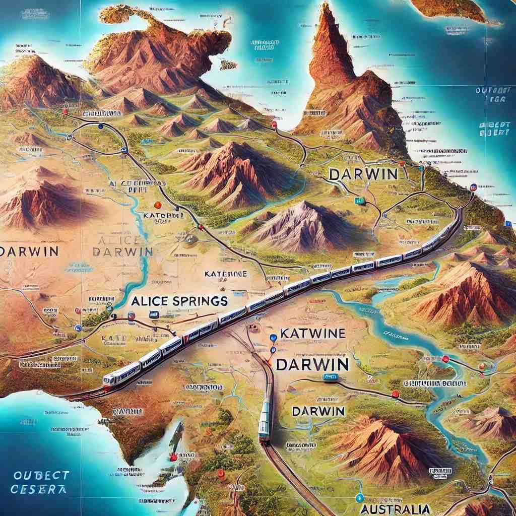 A map of The Ghan train route from Alice Springs to Darwin, showing key stops like Katherine and scenic outback landscapes.